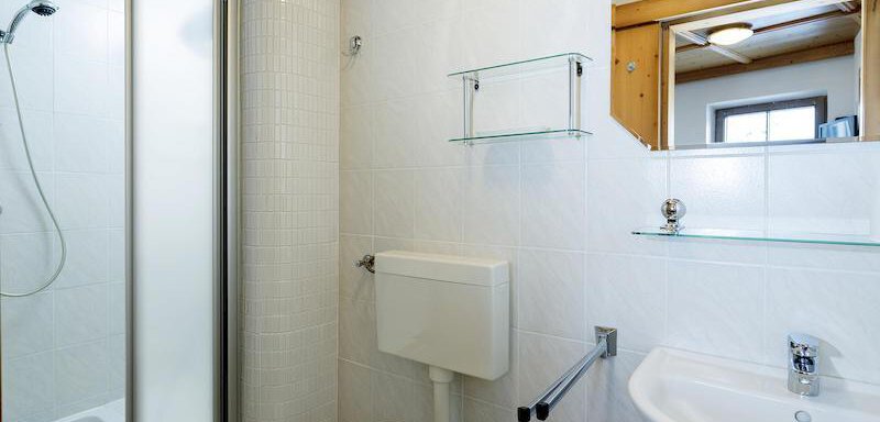 A modern bathroom with a shower, a toilet, and a sink. The walls are brightly tiled and the room feels clean and functional. - Appartementhaus Schalfblick - Obergurgl 