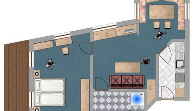 A clear floor plan drawing of an apartment with one bedroom, one living room, and one kitchen. The space is well-structured and offers various areas for relaxing and cooking. - Appartementhaus Schalfblick - Obergurgl 