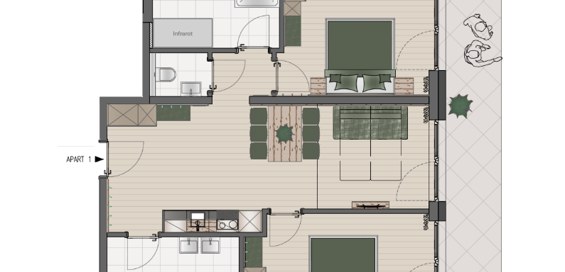 Skizze Appartement 1 | © Bergliebe Gurgl (CC C) A floor plan of an apartment with two bedrooms and an open living area. The kitchen is directly connected and there are two bathrooms that are functionally designed. - Bergliebe Gurgl - Obergurgl