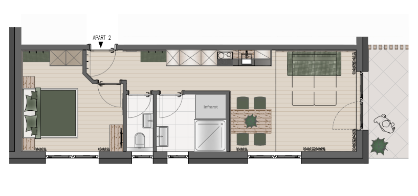 Skizze Appartement 2 The floor plan shows a modern apartment with an open living area and two bedrooms. There is a kitchen, a bathroom, and a terrace. - Bergliebe Gurgl - Obergurgl