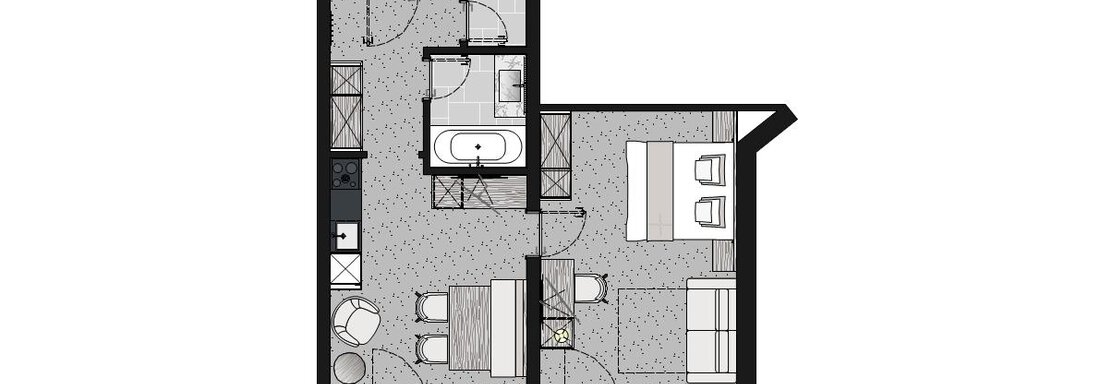 A floor plan drawing of an apartment with two bedrooms, a bathroom, and an open living area. The rooms are clearly structured and functionally organized. - Ferienwohnung de Luxe Alpenresidenz am Mühlbach - Obergurgl 
