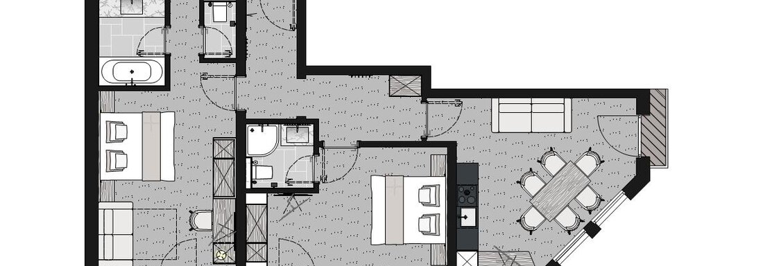 A floor plan of an apartment with two bedrooms, a bathroom, and a living area. The layout shows the arrangement of the furniture and rooms. - Ferienwohnung de Luxe Alpenresidenz am Mühlbach - Obergurgl 
