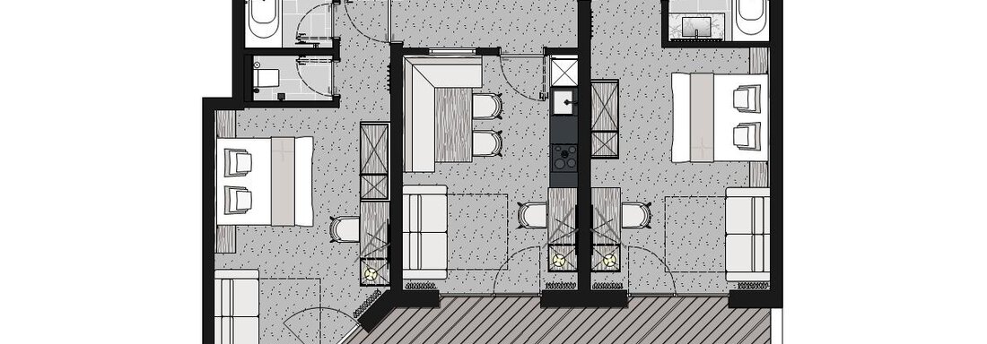 An apartment with multiple rooms, including two bedrooms and a living room. The layout shows the floor plan with bathrooms and a balcony. - Ferienwohnung de Luxe Alpenresidenz am Mühlbach - Obergurgl 