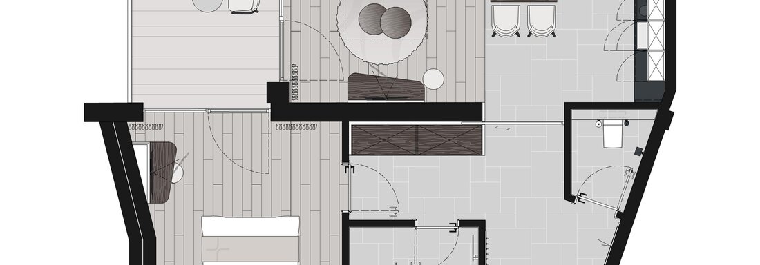 A floor plan drawing of a modern apartment with several rooms. The rooms include a living area, two bedrooms, and a bathroom. - Ferienwohnung de Luxe Alpenresidenz am Mühlbach - Obergurgl 