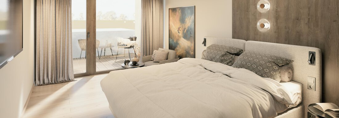Alpenresidenz Schlafzimmer A modern bedroom with a large bed and wooden elements. The room overlooks a balcony with seating. - Ferienwohnung de Luxe Alpenresidenz am Mühlbach - Obergurgl