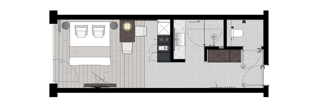 A floor plan of a small apartment. The sleeping-living area with a kitchenette and the bathroom are clearly marked. - Ferienwohnung de Luxe Alpenresidenz am Mühlbach - Obergurgl 