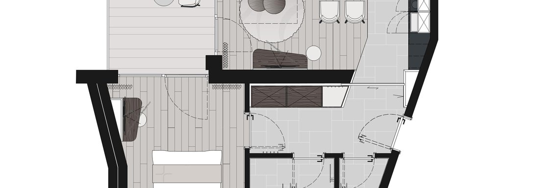 A modern floor plan of an apartment. The plan shows different rooms such as living room, bedroom, and bathroom. - Ferienwohnung de Luxe Alpenresidenz am Mühlbach - Obergurgl 