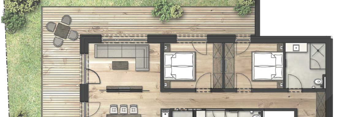 A modern floor plan with two bedrooms, an open living area, and a terrace. The outdoor area is designed with green spaces and seating. - Gletscherblick - Serviced Apartments - Obergurgl 