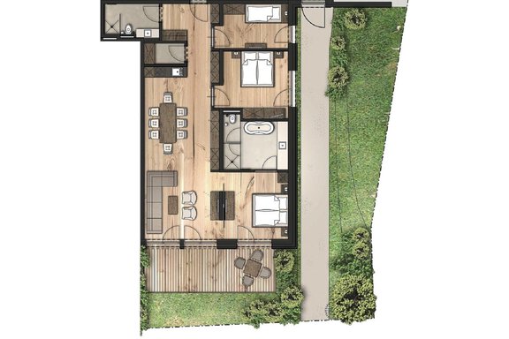 A floor plan drawing of a modern house with multiple bedrooms, a spacious dining area, and a terrace. The outdoor area is designed with green spaces. - Gletscherblick - Serviced Apartments - Obergurgl 