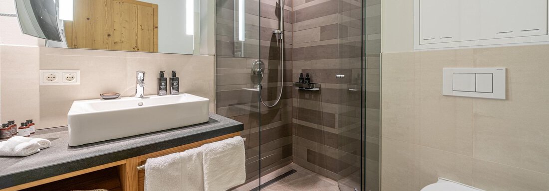 Apt_3_Bad A modern bathroom with a glass shower and a white sink. The walls are in gentle earth tones. - Gletscherblick - Serviced Apartments - Obergurgl