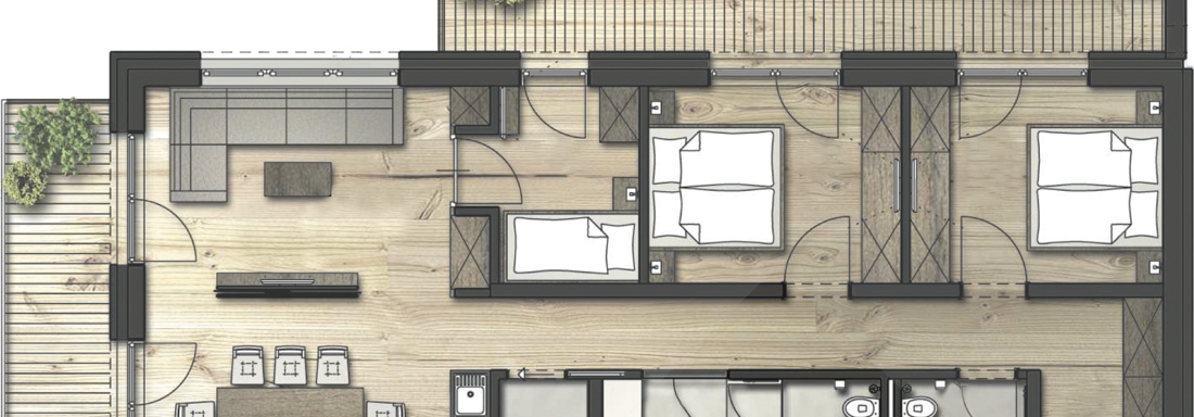 A modern floor plan of an apartment with two bedrooms. The plan features an open living and dining area as well as a kitchen and a bathroom. - Gletscherblick - Serviced Apartments - Obergurgl 