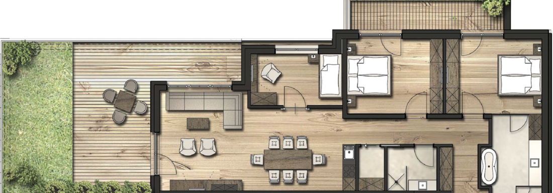 A modern floor plan of an apartment with two bedrooms. The plan shows an open living area and a covered terrace. - Gletscherblick - Serviced Apartments - Obergurgl 