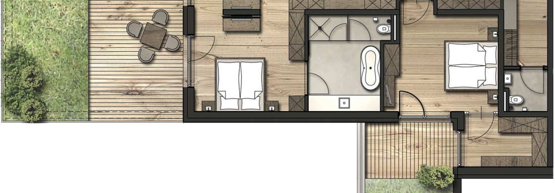 A floor plan of a modern house with two bedrooms, a bathroom, and an open living area. Outdoor areas with a terrace and garden are also included. - Gletscherblick - Serviced Apartments - Obergurgl 