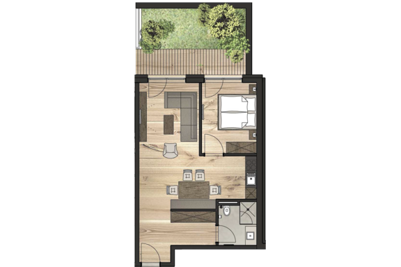 A modern apartment with open spaces and a small balcony. The furnishings are made of wood and provide a cozy atmosphere. - Gletscherblick - Serviced Apartments - Obergurgl 