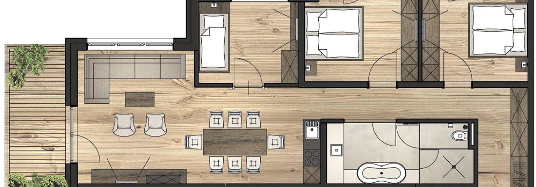 A clear floor plan sketch of an apartment with two bedrooms, a bathroom, and an open living/dining area. The outdoor area shows a terrace with garden furniture. - Gletscherblick - Serviced Apartments - Obergurgl 