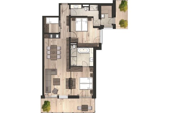 A floor plan drawing of an apartment with two bedrooms, a living room, and two bathrooms. The space is modernly designed with wooden floors and furniture. - Gletscherblick - Serviced Apartments - Obergurgl 