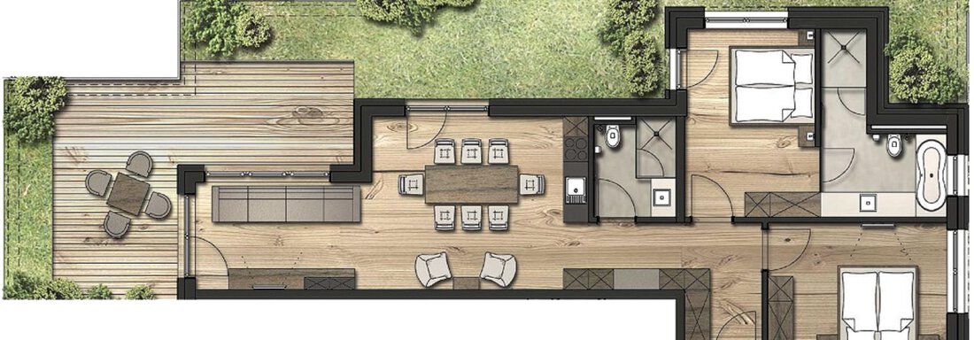 A floor plan of a modern apartment with a large living area and a terrace. There are dining areas and two bathrooms. - Gletscherblick - Serviced Apartments - Obergurgl 