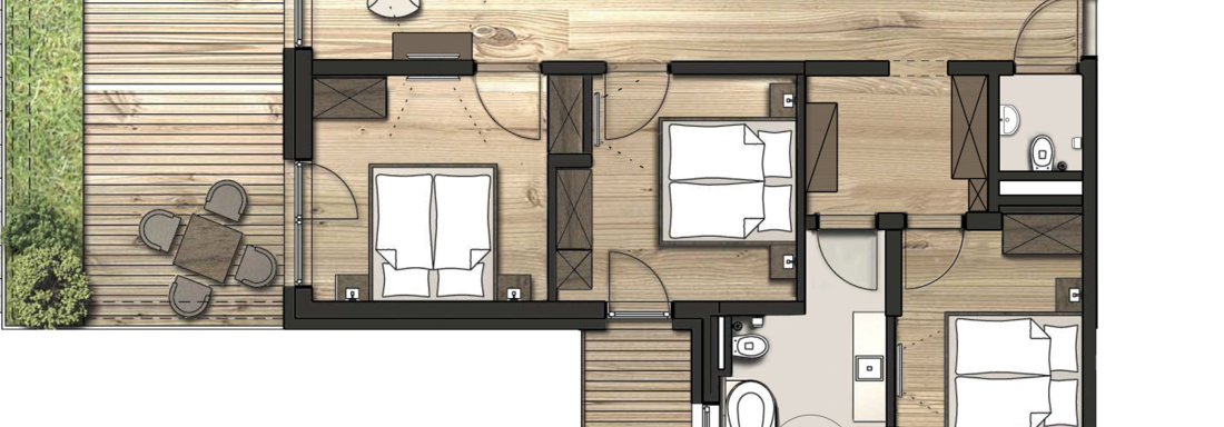 This image shows a floor plan of a house with multiple rooms. There is a living area, two bedrooms, and two bathrooms. - Gletscherblick - Serviced Apartments - Obergurgl 