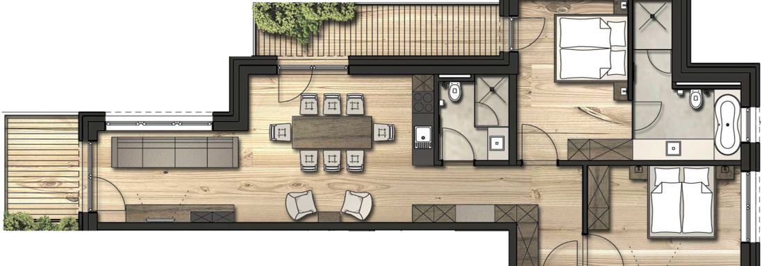 A floor plan of a modern apartment with two bedrooms, an open living area, and a terrace. The rooms are bright and well structured. - Gletscherblick - Serviced Apartments - Obergurgl 