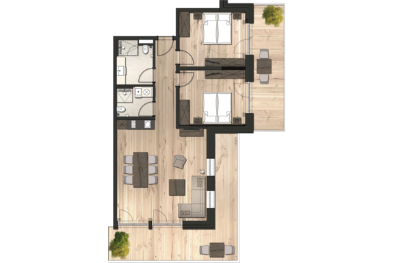A modern apartment with two bedrooms, a bathroom, and an open living and dining area. The decor is bright and minimalist with wooden flooring and comfortable furniture. - Gletscherblick - Serviced Apartments - Obergurgl 