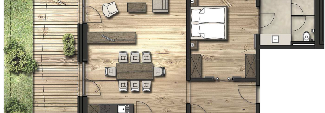 A floor plan of a modern house with an open living and dining area. The rooms are bright and functionally designed, surrounded by a tranquil outdoor landscape. - Gletscherblick - Serviced Apartments - Obergurgl 