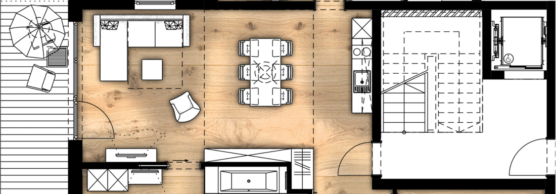 A floor plan of a modern house with multiple rooms. The layout features a living room, dining area, kitchen, and three bedrooms. - Gletscherblick - Serviced Apartments - Obergurgl 