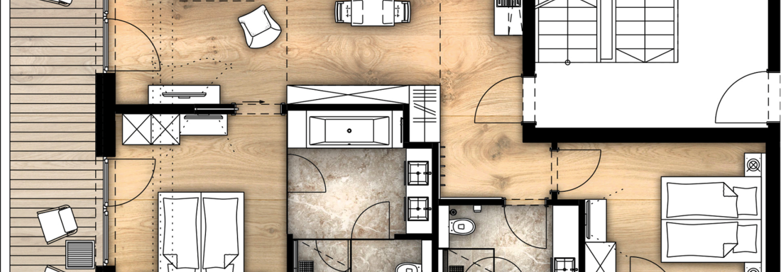 A floor plan drawing of a modern house. The plan shows living areas, bedrooms, and bathrooms. - Gletscherblick - Serviced Apartments - Obergurgl 