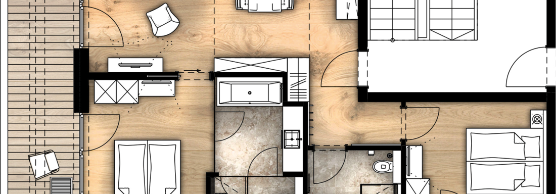 A modern apartment layout with several rooms, including a living room and dining area. There are two bedrooms and access to a balcony. - Gletscherblick - Serviced Apartments - Obergurgl 