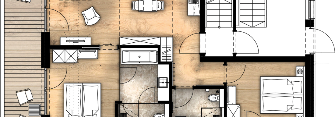 A floor plan of a modern house with multiple rooms. The rooms include a living room, a kitchen, two bedrooms, and bathrooms. - Gletscherblick - Serviced Apartments - Obergurgl 