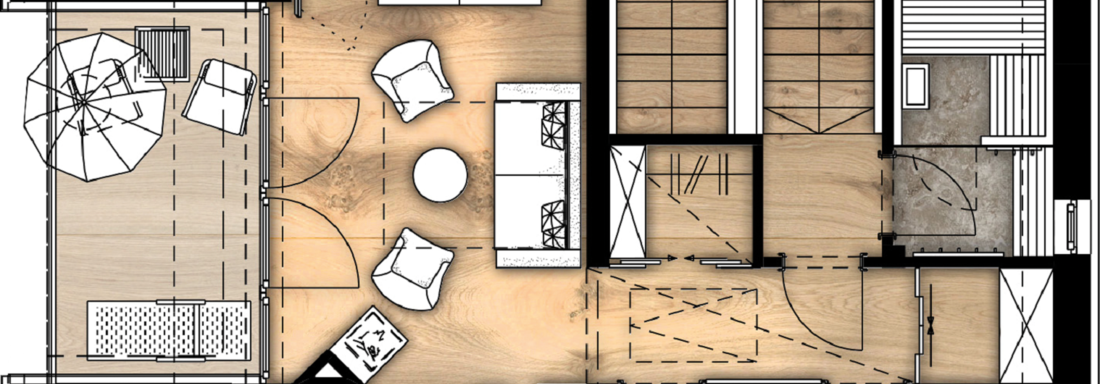 A floor plan of a house with various rooms. The rooms include living areas, a bedroom, and a bathroom, all in a modern design. - Gletscherblick - Serviced Apartments - Obergurgl 