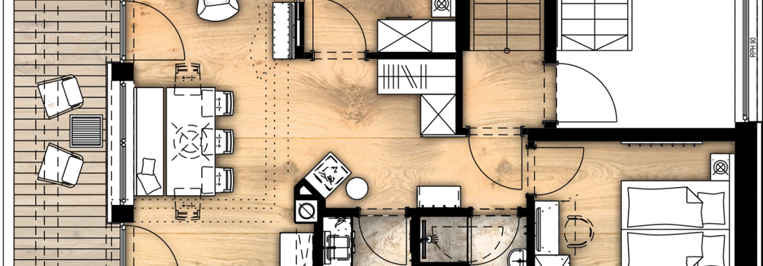 A floor plan of a house with various rooms. It shows the living area, bedroom, bathroom, and a terrace. - Gletscherblick - Serviced Apartments - Obergurgl 