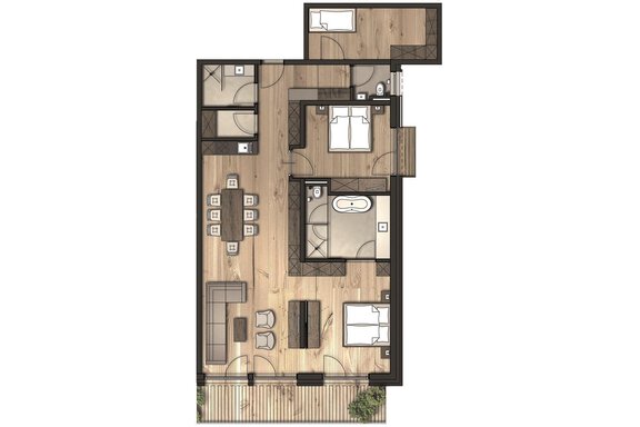 A modern floor plan sketch of an apartment with two bedrooms, a living area, and a dining area. The furnishings are functionally and stylishly arranged. - Gletscherblick - Serviced Apartments - Obergurgl 