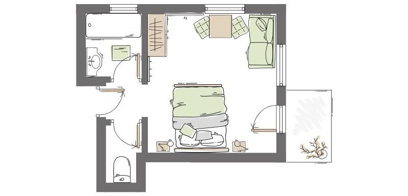 A simple floor plan drawing of a room with a bed, a living area, and a bathroom. Furniture and windows are drawn in to clarify the layout. - Haus Christophorus - Obergurgl 