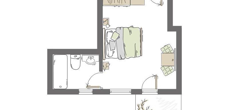 A sketchy representation of a bedroom layout with a bed, a table, and a bathroom. There is also a small area for plants or decoration. - Haus Christophorus - Obergurgl 