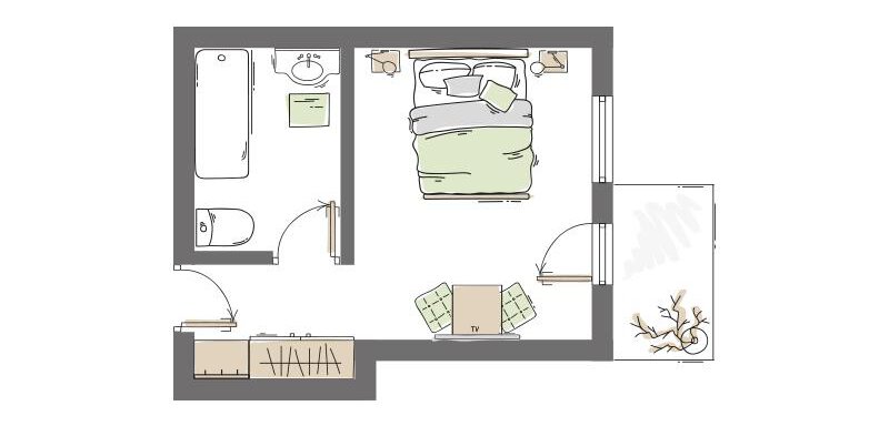 The floor plan shows a modern apartment with one bedroom, one bathroom, and a living area. The furnishings are designed to be simple and functional. - Haus Christophorus - Obergurgl 