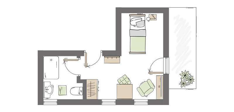 A construction drawing of a small apartment. It shows a floor plan with a bedroom, a bathroom, and a living area. - Haus Christophorus - Obergurgl 