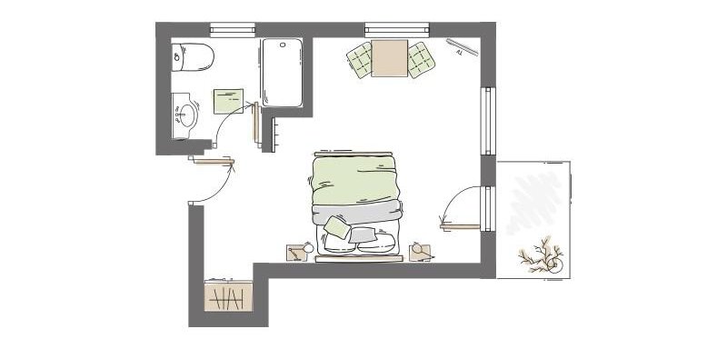 A simple floor plan drawing of a room with a bed, a table, and a bathroom. The furniture is depicted schematically. - Haus Christophorus - Obergurgl 