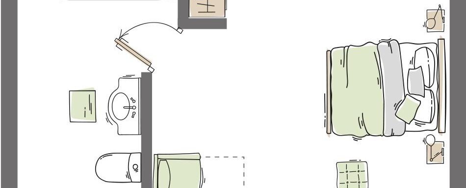 A simple residential layout with one bedroom, one bathroom, and a living area. The furniture is schematically drawn, including a bathtub and a television. - Haus Christophorus - Obergurgl 