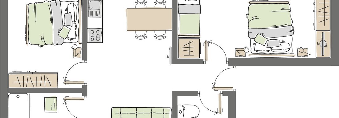 A simple apartment floor plan shows two bedrooms, a bathroom, and a living area with a dining space. The furniture is drawn schematically and color-coded. - Haus Christophorus - Obergurgl 