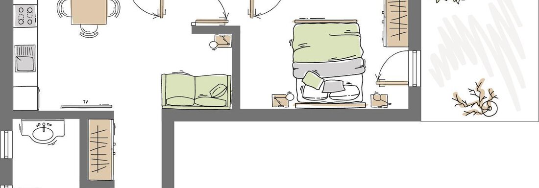 A simple floor plan drawing of an apartment with various rooms. The kitchen, a living room, a bedroom, and a bathroom are arranged schematically. - Haus Christophorus - Obergurgl 