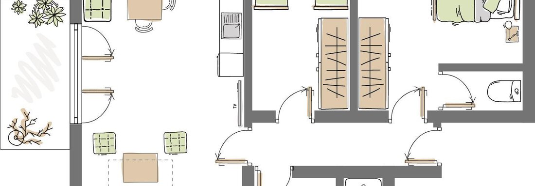 A simple apartment with two bedrooms and a living room. The kitchen and the bathroom are also depicted. - Haus Christophorus - Obergurgl 
