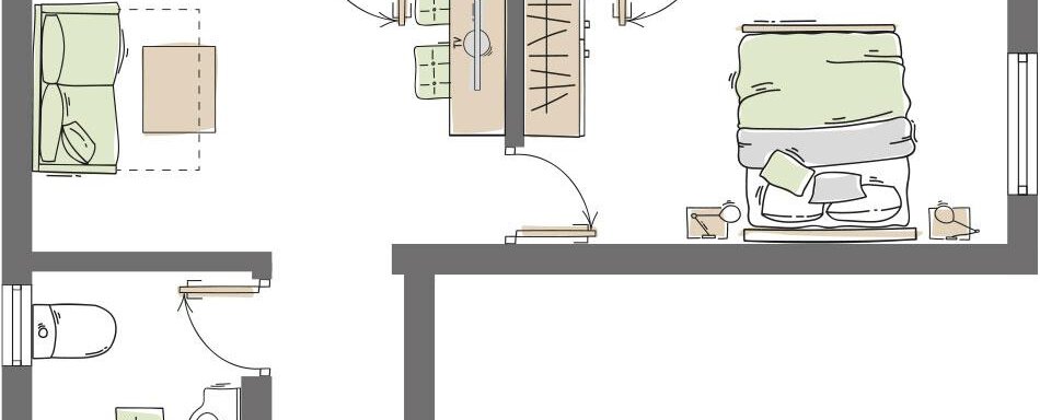 A simple floor plan drawing of an apartment. The rooms include a bedroom, a bathroom, and a living area with furniture. - Haus Christophorus - Obergurgl 