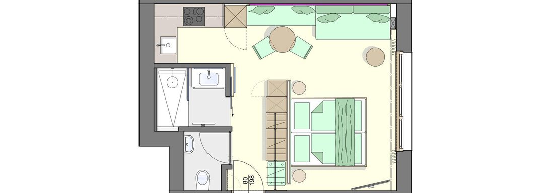A sketchy representation of a living space with a sleeping and bathroom. The room is modernly furnished and offers a cozy atmosphere. - Haus Elisabeth - Obergurgl 