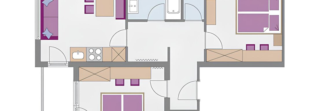 A modern floor plan drawing of an apartment with two bedrooms, a living area, and a kitchen. The rooms are bright and functionally designed. - Haus Timmelseck - Obergurgl 