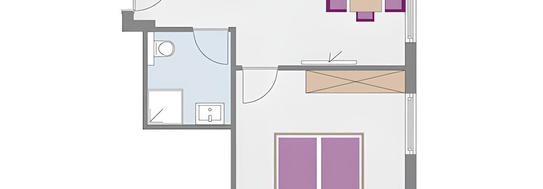 A floor plan of an apartment with one bedroom, one bathroom, and an open kitchen. The furniture is drawn schematically. - Haus Timmelseck - Obergurgl 