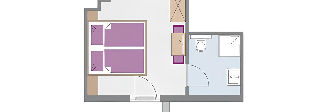 A simple floor plan representation of an apartment with two bedrooms, a bathroom, and a living area. The rooms are clearly structured and arranged in an orderly manner. - Haus Timmelseck - Obergurgl 