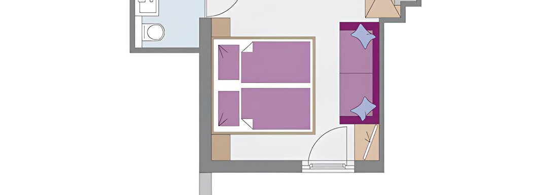 A simple floor plan drawing of a room. The room features two beds, a seating area, and a bathroom. - Haus Timmelseck - Obergurgl 