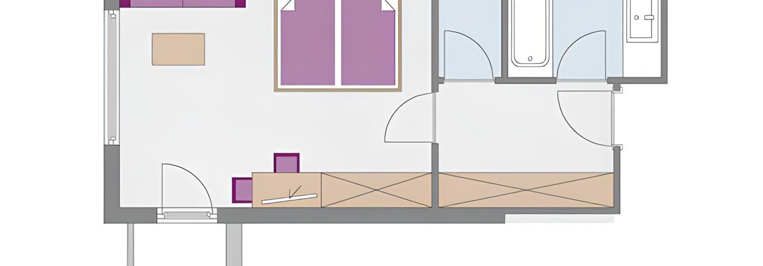 A simple floor plan drawing of an apartment. It shows a bedroom, a bathroom, and a living area. - Haus Timmelseck - Obergurgl 
