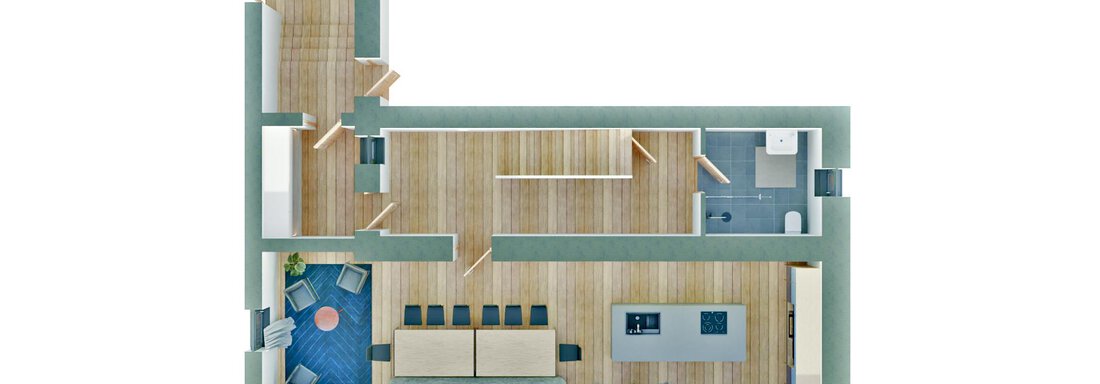 A modern floor plan of an apartment. The plan shows an open living kitchen and a cozy living area. - Mountain Lodge Obergurgl - Obergurgl 