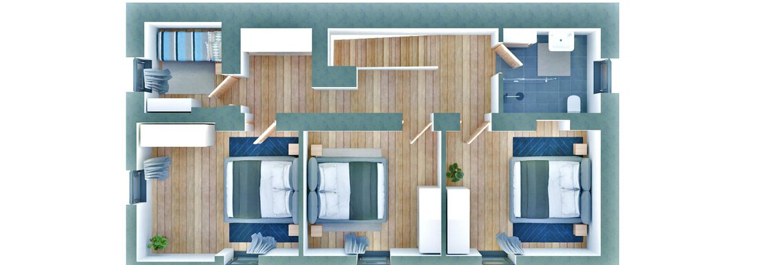 A schematic representation of an apartment with two bedrooms, a living room, and a bathroom. The floor plan shows the arrangement of the rooms and the access to the individual areas. - Mountain Lodge Obergurgl - Obergurgl 